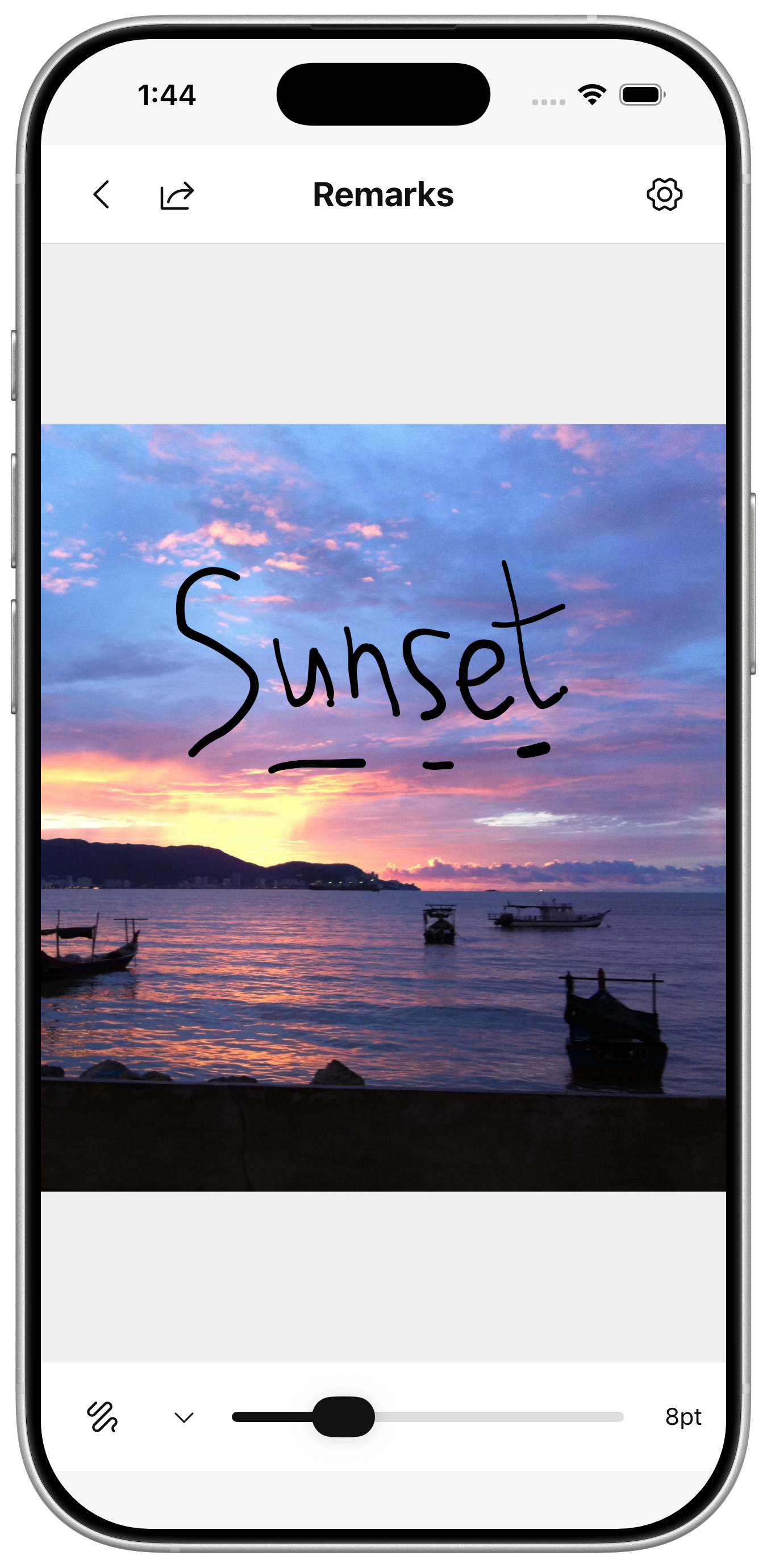 Remarks app showing a handwritten Sunset remark on a photo